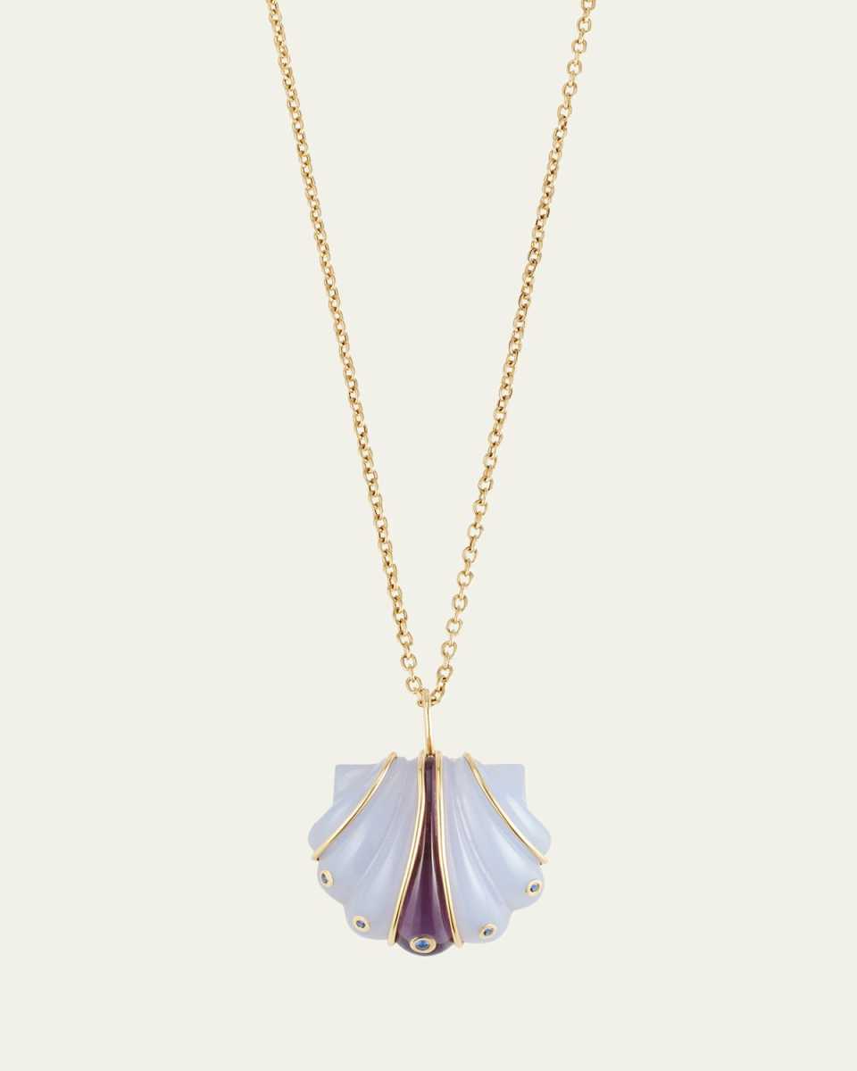 18K Yellow Gold Mini Carved Stone Shell Necklace with Blue Sapphires